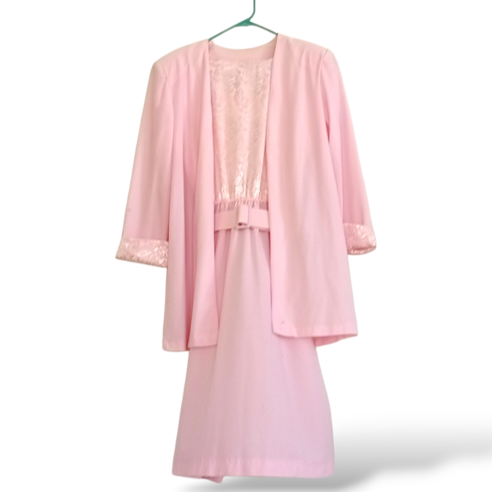 Vintage Pastel Pink Dress Matching Jacket Lace Elegant Retro Sheer Girly 80s - Picture 2 of 13